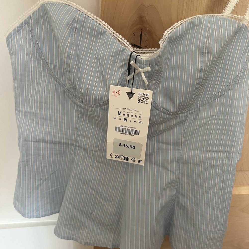 Zara Light Blue and White Pinstripe Top
